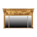 Property of a lady - a 19th century gilt triple plate overmantel mirror, the frieze with applied