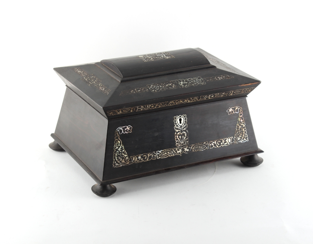 Property of a gentleman - an early Victorian ebonised & mother-of-pearl inlaid sewing casket with - Image 2 of 2