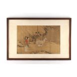 An 18th century Chinese painting on silk depicting four figures & a deer in landscape, the