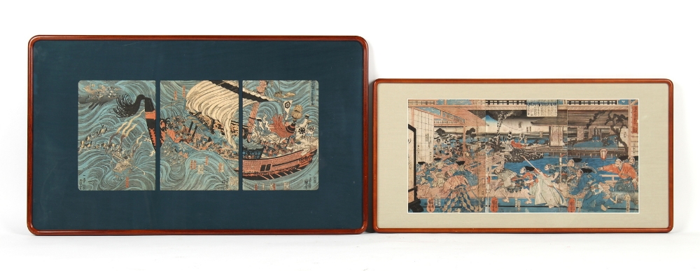 Property of a gentleman - two Japanese woodblock triptyches, oban, in glazed frames (2).