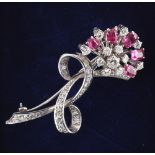 A white gold certificated unheated Burmese ruby & diamond ribbon & flower brooch, the five oval