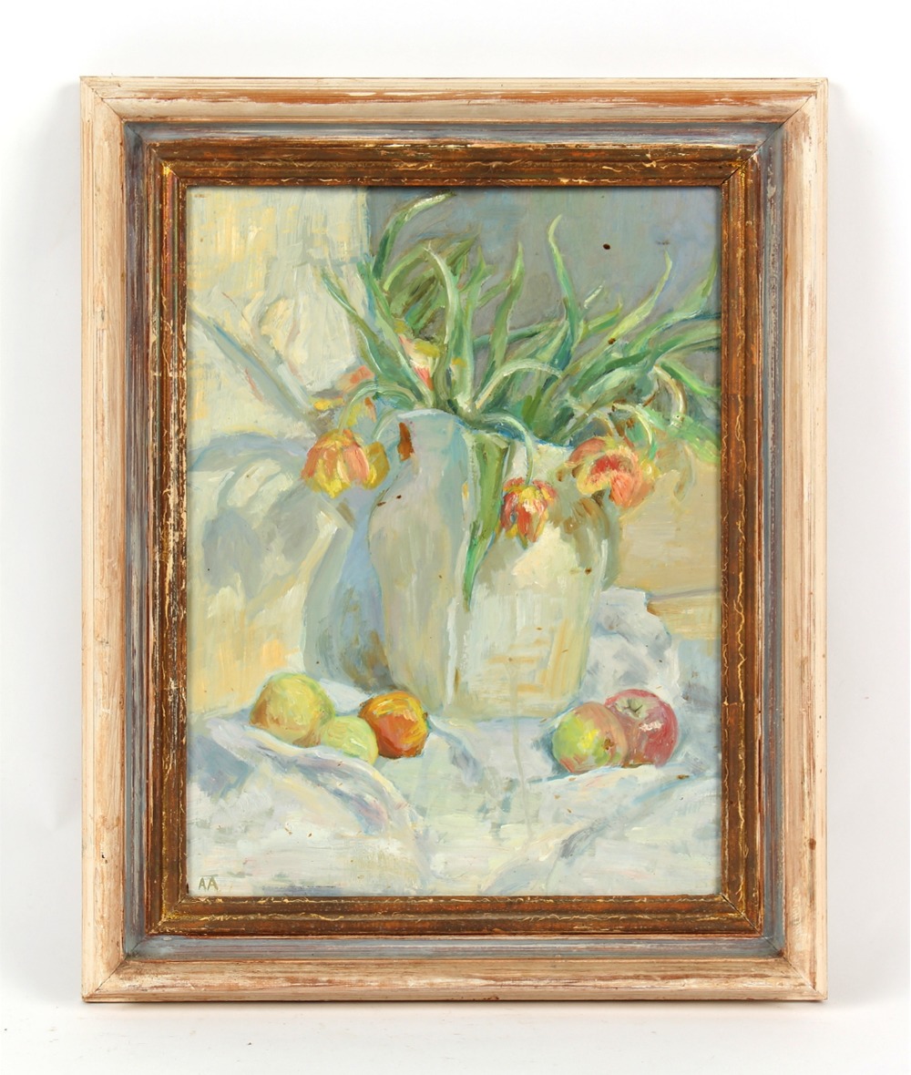 Property of a deceased estate - AA (late 20th century) - STILL LIFE OF TULIPS IN A VASE AND APPLES -