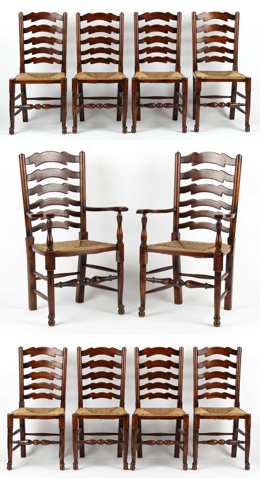 Property of a gentleman - a set of ten reproduction oak & rush seated country dining chairs (10).