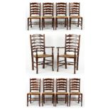 Property of a gentleman - a set of ten reproduction oak & rush seated country dining chairs (10).