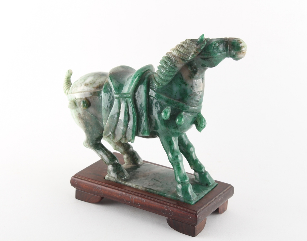 Property of a gentleman - a Chinese Tang style carved nephrite jade model of a caparisoned horse, - Image 2 of 2