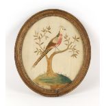 Property of a gentleman - a 19th century silkwork oval picture depicting a bird perched in a