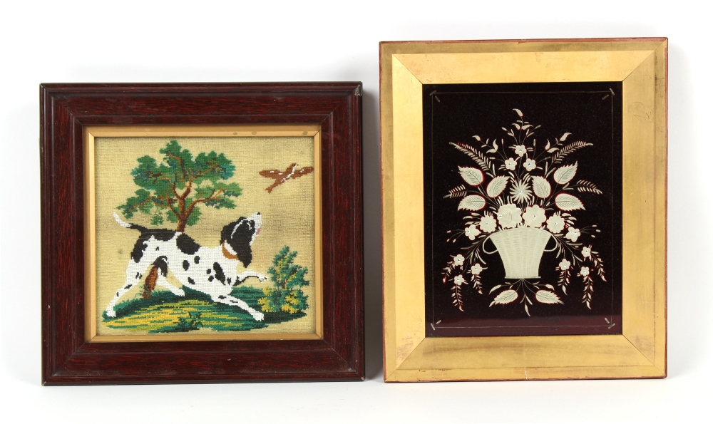 Property of a gentleman - a Victorian bead work picture depicting a dog, in glazed frame, 10.4 by