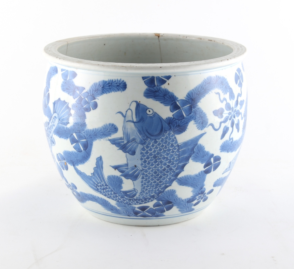 Property of a lady - a 19th century Chinese blue & white fish bowl planter, painted with a