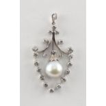 A diamond & large pearl pendant, the untested pearl measuring approximately 11 by 11 by 9.5mm, the