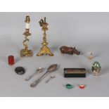 A box containing assorted items including two gilt metal table lamps & a Russian lacquer box painted