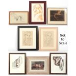 Eight assorted drawings & prints including a reclining female nude attributed to Eric James