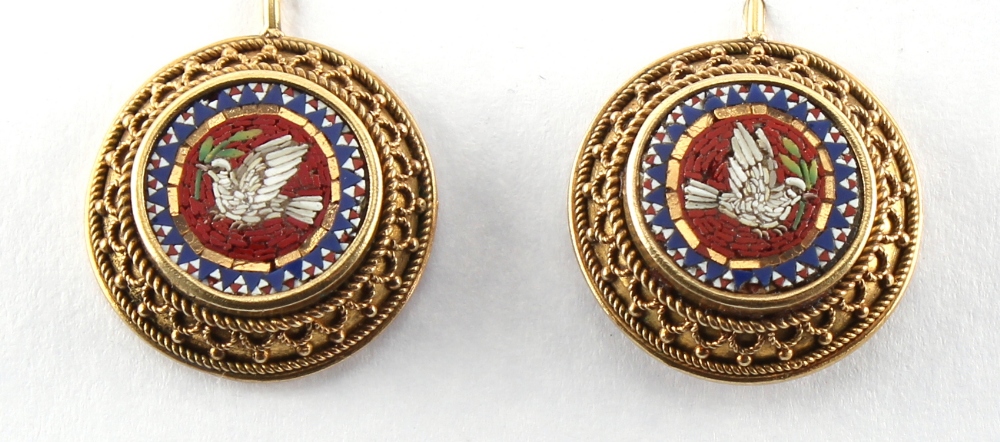 A pair of Victorian micromosaic earrings, for pierced ears, each decorated with a central bird, each