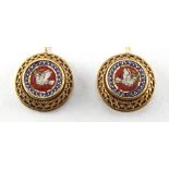 A pair of Victorian micromosaic earrings, for pierced ears, each decorated with a central bird, each