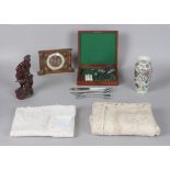 A box containing assorted items including a 19th century Chinese Canton famille rose vase,