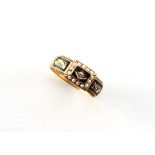 A Victorian 15ct gold black enamel diamond & seed pearl mourning ring, size O.