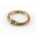 An Indian high carat gold (tests circa 22ct) enamel & diamond hinged bangle (kara), probably Jaipur,