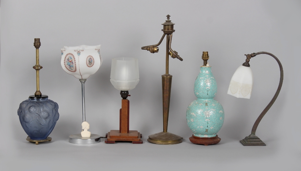 Five Art Deco table lamps; together with a Chinese porcelain double gourd table lamp (6).
