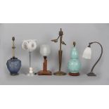 Five Art Deco table lamps; together with a Chinese porcelain double gourd table lamp (6).