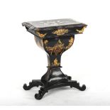 An early Victorian papier mache & mother-of-pearl inlaid work table, 24ins. (61cms.) wide;