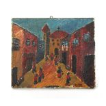After Fred Yates - STREET SCENE - oil on Romney canvas, 10 by 12ins. (25.4 by 30.5cms.), on