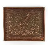 Keswick School of Industrial Arts - a copper rectangular tray, decorated with two exotic birds among