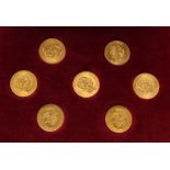 A cased set of seven Austrian One Ducat gold coins, each dated 1915.