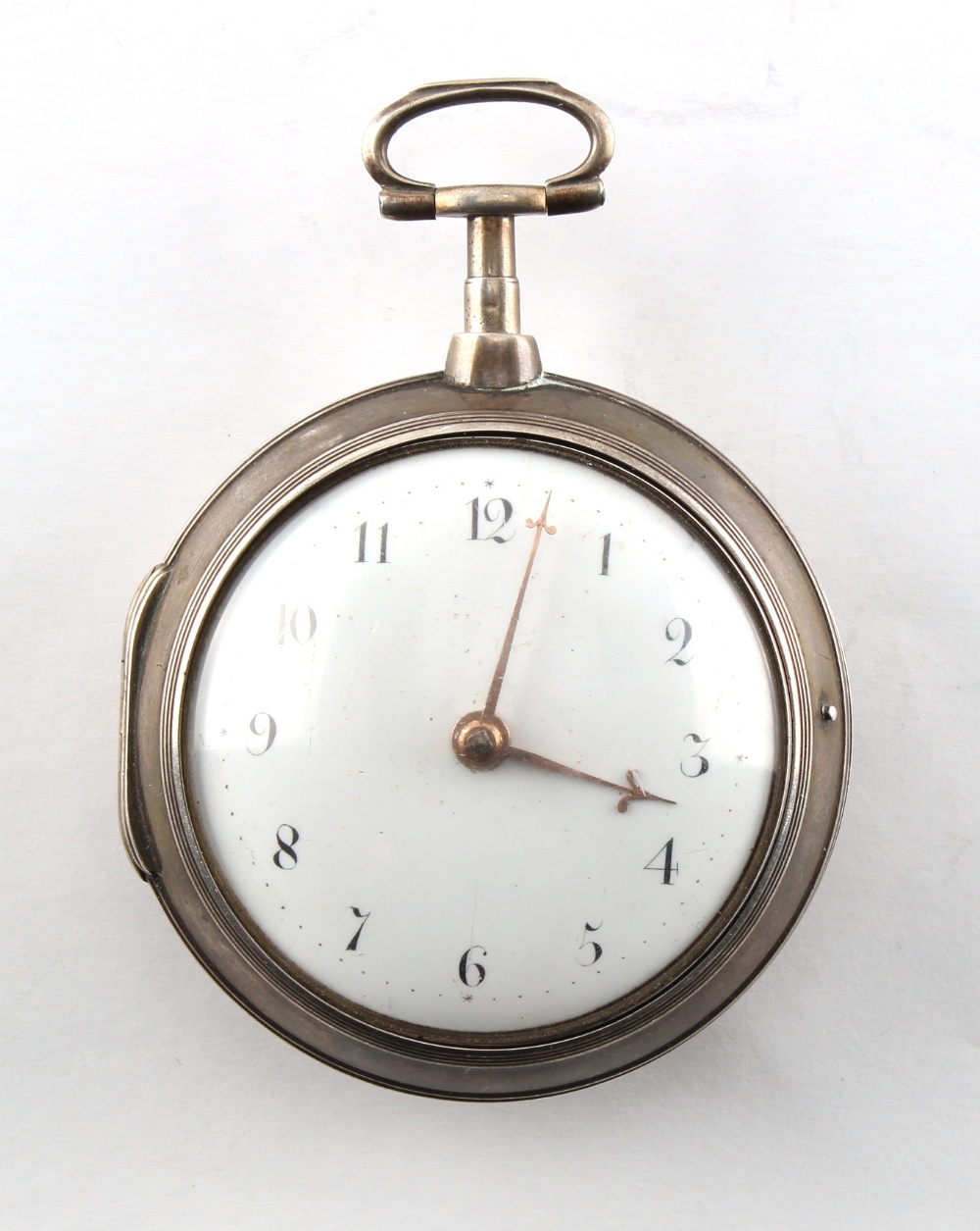 A George III silver pair cased pocket watch, Robert Bridges, London, with verge escapement, the