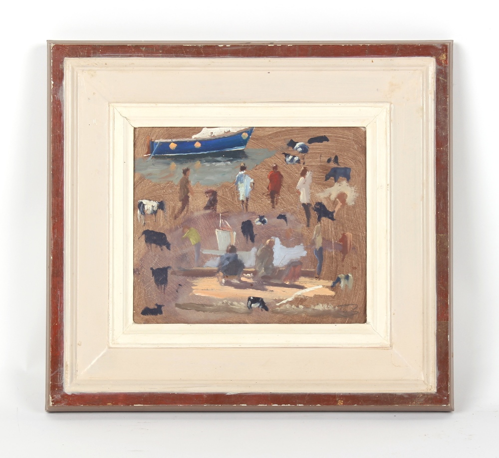 John Boyd (b.1957) - COWS, FIGURES AND A BOAT ON BEACH - oil on board, 8.25 by 9.75ins. (21 by 24.