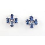 A good pair of white gold sapphire & diamond earrings, with post & butterfly fastenings, each with