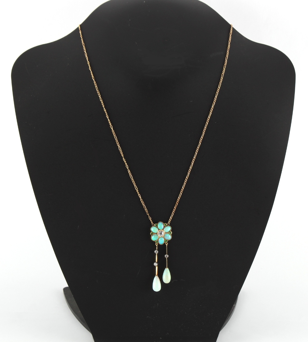 An attractive black opal demantoid garnet & diamond pendant necklace, the pendant 52mm long, the