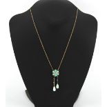 An attractive black opal demantoid garnet & diamond pendant necklace, the pendant 52mm long, the