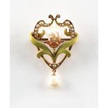 An Art Nouveau style plique a jour baroque pearl & seed pearl brooch, 36mm long.