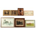 Seven assorted pictures including an unframed watercolour depicting a seascape by Ernest Stuart (fl.