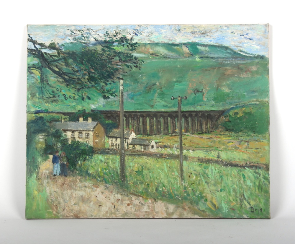 ARR - John G. Boyd (1940-2001) - FIGURES IN LANDSCAPE WITH VIADUCT BEYOND - oil on canvas, 24 by