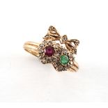 A 9ct gold ruby emerald & diamond twin heart ring, size O, boxed.
