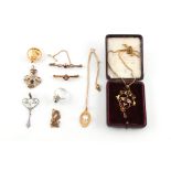 A mixed lot of jewellery including an Edwardian 9ct gold amethyst & seed pearl openwork pendant on