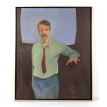 20th Century, possibly American - MAN WITH PUPPET - oil on panel, 43.5 by 35.45ins. (110.5 by