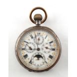 A Swiss gun metal cased calendar pocket watch with moon phase, some rusting to case.