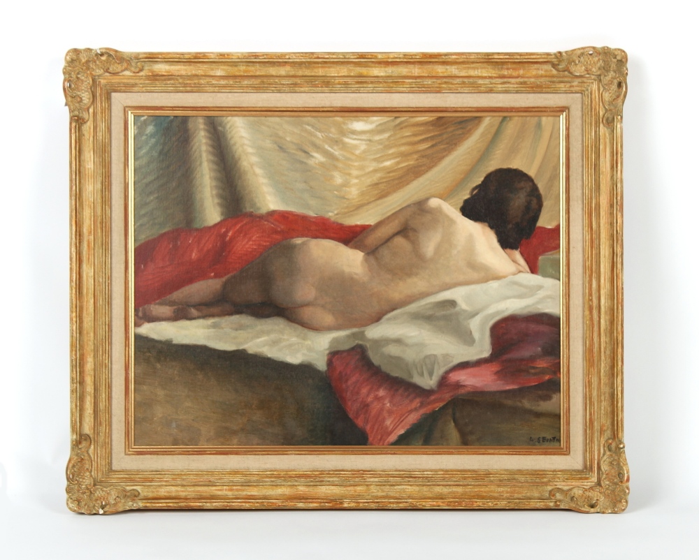 Albert Genta (Italian, 1901-1989) - RECLINING FEMALE NUDE - oil on canvas, 19.7 by 25.6ins. (50 by