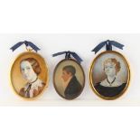 Three assorted portrait miniatures, the largest 7.8 by 6.0cms., all framed (3).