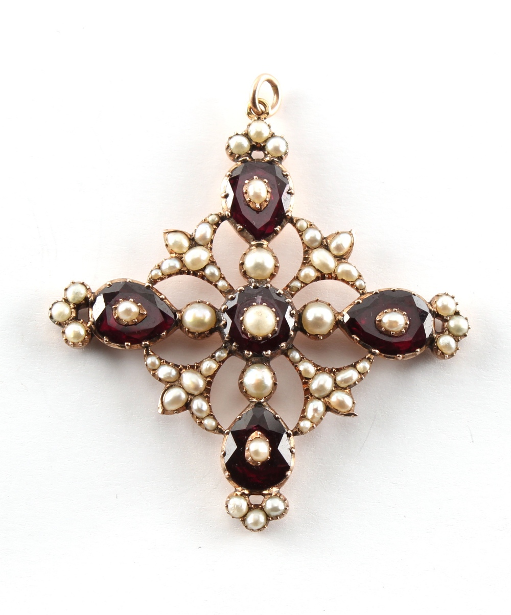 A good Georgian garnet pearl & seed pearl cross pendant, with closed back setting, 54mm long