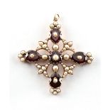 A good Georgian garnet pearl & seed pearl cross pendant, with closed back setting, 54mm long