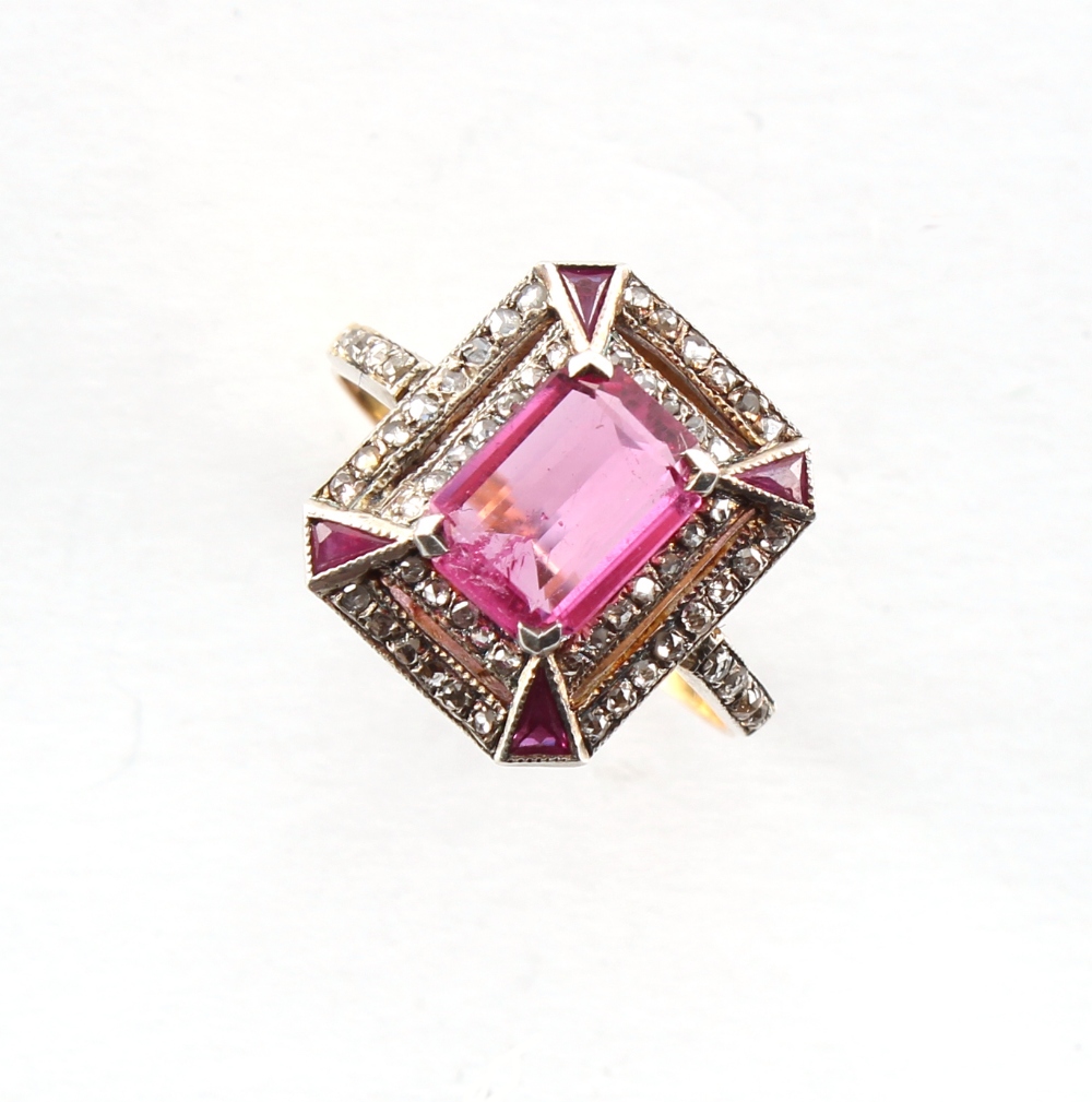 An Art Deco style 18ct yellow gold pink tourmaline & diamond ring, the pink tourmaline measuring