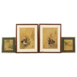 A pair of late 20th century Chinese paintings depicting ducks in ponds, on speckled gold grounds, in