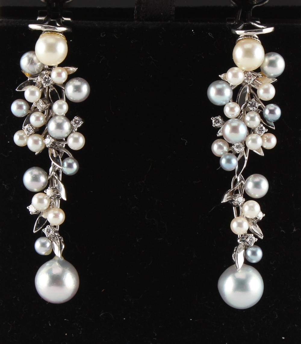 A pair of 18ct white gold two colour grey & cream pearl & diamond earrings modelled as grapes on