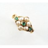 A Georgian yellow gold emerald & pearl cluster ring, with glazed panel to back, size P/Q.