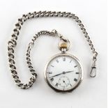 A silver cased keyless wind pocket watch on silver watch chain.