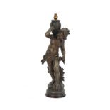 After Auguste Moreau - 'La Prairie', a large early 20th century 'bronzed' spelter figural lamp, 23.