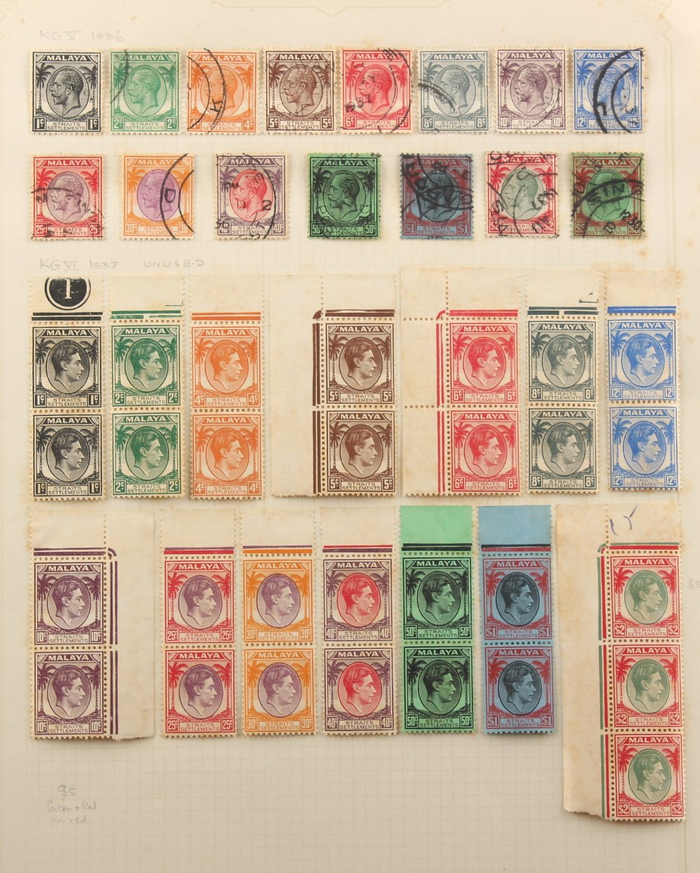 Stamps - Malaya: Range on leaves including Johore 1904-10 $100 (a little faded, with likely fiscal