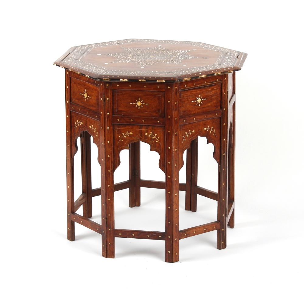 Property of a deceased estate - an Indian bone inlaid hardwood octagonal table with folding base,